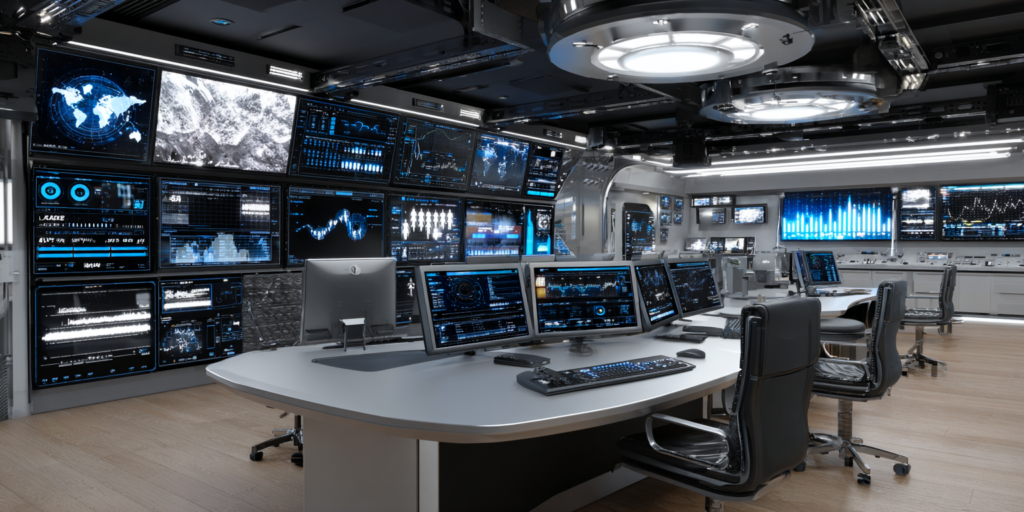 Centre de commande marketing moderne avec écrans affichant campagnes, leads et analytics, symbolisant le pilotage centralisé des performances marketing.