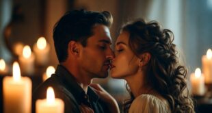 un couple en train de s'embrasser sous la lumière tamisée des chandelles