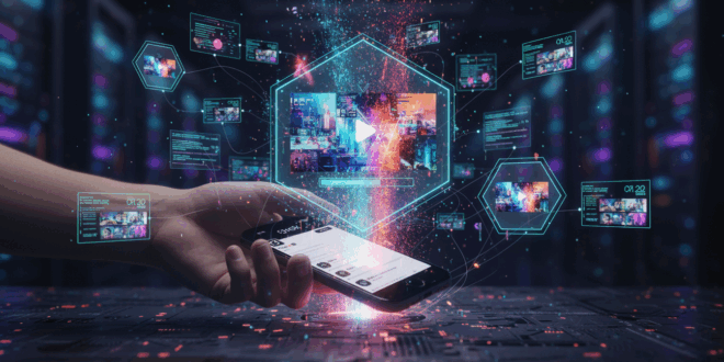 main tenant un smartphone, génération de vidéo en arrière-plan