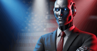 robot en costume sous un projecteur scénique aux couleurs de l'US