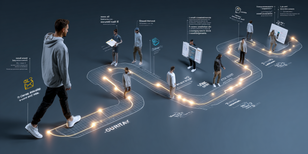 Parcours client illustrant le passage d’un visiteur anonyme à un client converti grâce à des interactions marketing et CRM centralisées.