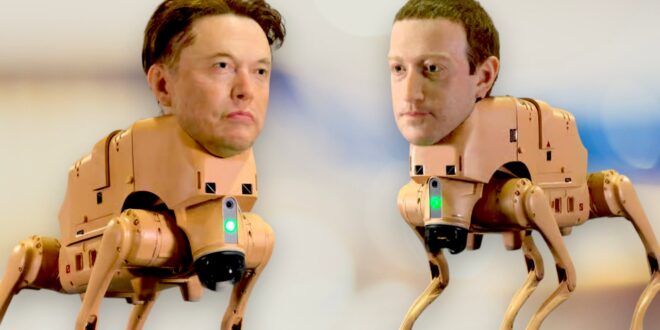 chiens robots avec la tête de Zuckerberg, Elon Musk