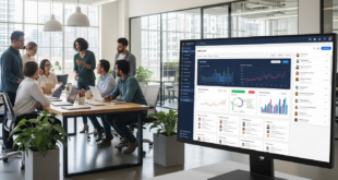 Tableau de bord HubSpot affiché sur un écran dans un open space moderne et lumineux, ambiance startup et travail collaboratif.