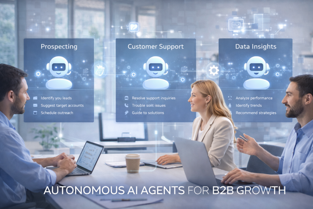 Agents IA autonomes aidant une équipe B2B en prospection, support client et analyse de données dans HubSpot.