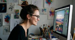 Une femme utilisant un logiciel créatif sur son Mac