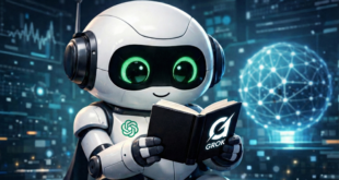 un petit chatbot robot "ChatGPT" en train de lire un petit livre source Grok