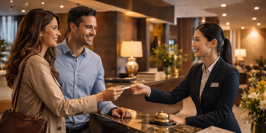 Accueil des voyageurs dans un hôtel illustrant l’expérience client personnalisée grâce au CRM HubSpot.