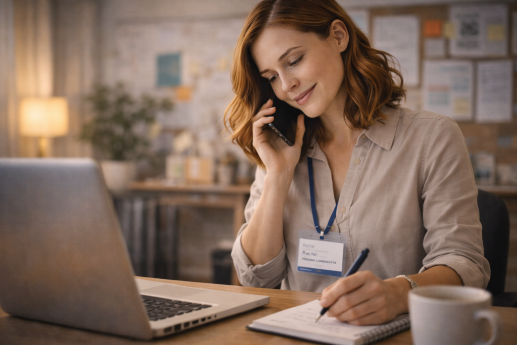 Coordinateur associatif au téléphone avec un ordinateur, assurant le suivi des donateurs et des partenariats.