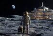 Un astronaute et sa valise et un hôtel sur la Lune