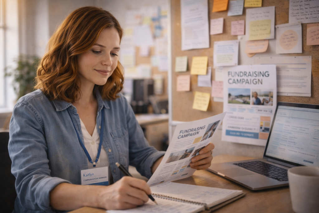 Responsable communication d’association préparant une campagne de dons avec ordinateur portable et documents de planification.