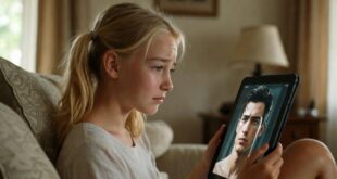 Un petite fille regardant une personnage IA sur son tablette