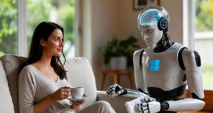 Une femme assise confortablement et un robot qui obéit à ses ordres