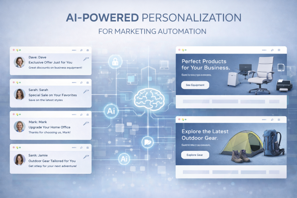 Personnalisation IA montrant plusieurs versions d’emails et de contenus web qui s’adaptent en temps réel.