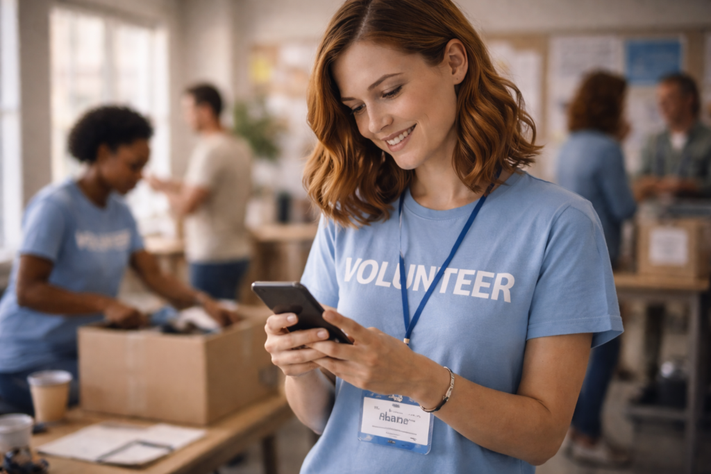 Bénévole utilisant son smartphone pour organiser une action associative et rester en contact avec l’équipe.