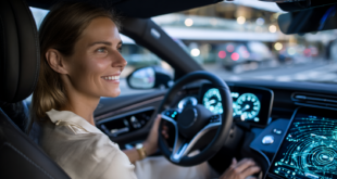 Une femme au volant d'une voiture avec un tableau de bord futuriste