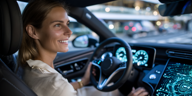 Une femme au volant d'une voiture avec un tableau de bord futuriste