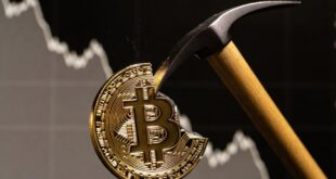 un bitcoin doré brisé par une pioche de mineur