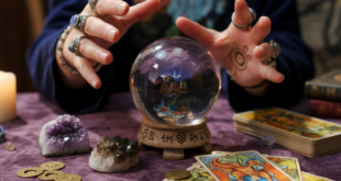 deux mains autour d'une boule de cristal sur une table avec des cartes