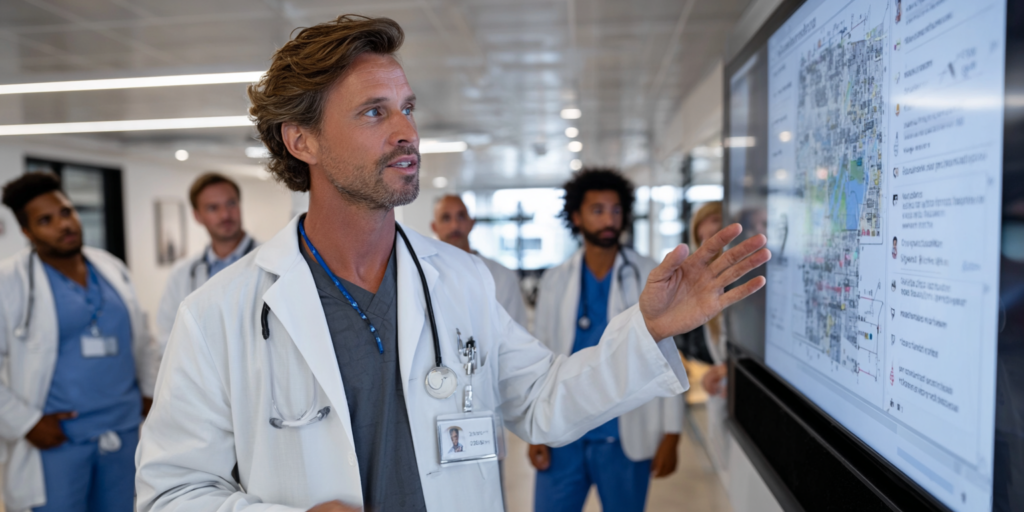 Consultant médical présentant HubSpot à une équipe hospitalière pour migrer les données et améliorer la collaboration.