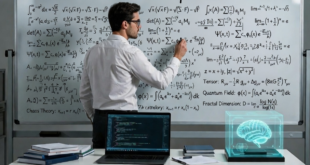 Un professeur résolvant un problème mathématique avec son cerveau holographique