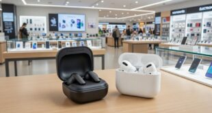 Galaxy Buds 4 et Airpods 4 sur une table dans un magasin