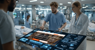 Écran futuriste affichant les performances HubSpot CRM en trafic web, leads et transactions, dans un hôpital moderne.