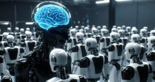 un cerveau IA en train de contrôler une horde de robots humanoïdes