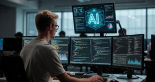 un développeur utilisant son PC qui affiche du coding IA puissant