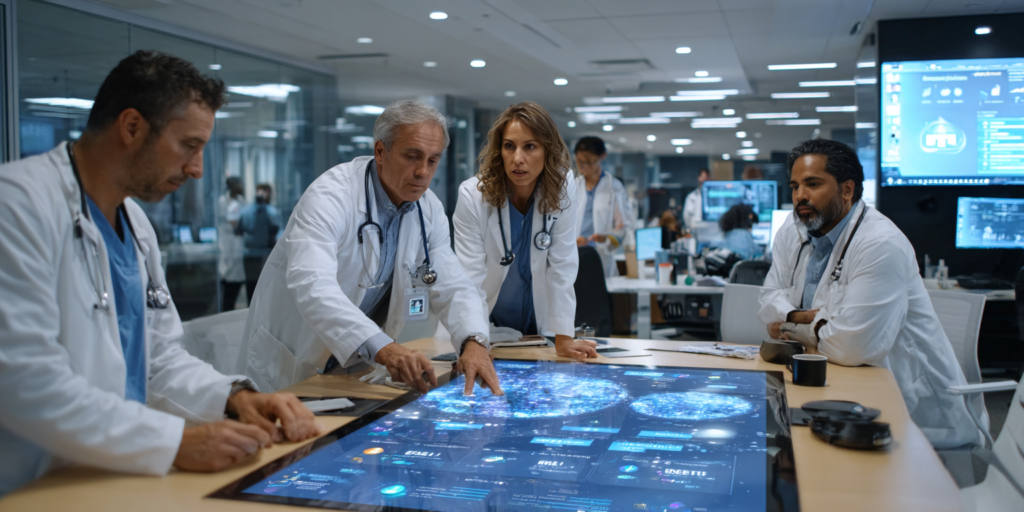 Médecins et administrateurs utilisant un écran tactile HubSpot pour centraliser les données patients et suivre les workflows dans un hôpital moderne.