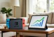 Nintendo Switch à côté d'une petite couronne et une tablette affichant une graphe de profit
