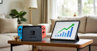 Nintendo Switch à côté d'une petite couronne et une tablette affichant une graphe de profit