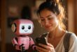 Une touriste qui cherche une location avec un petit robot IA d'Airbnb