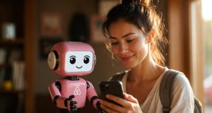 Une touriste qui cherche une location avec un petit robot IA d'Airbnb