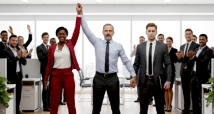 un manager levant la main d'une gagnante sur un plateau de travail, des collaborateur applaudissant derrière