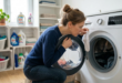 Une femme qui cherche des chaussettes disparues dans la machine à laver