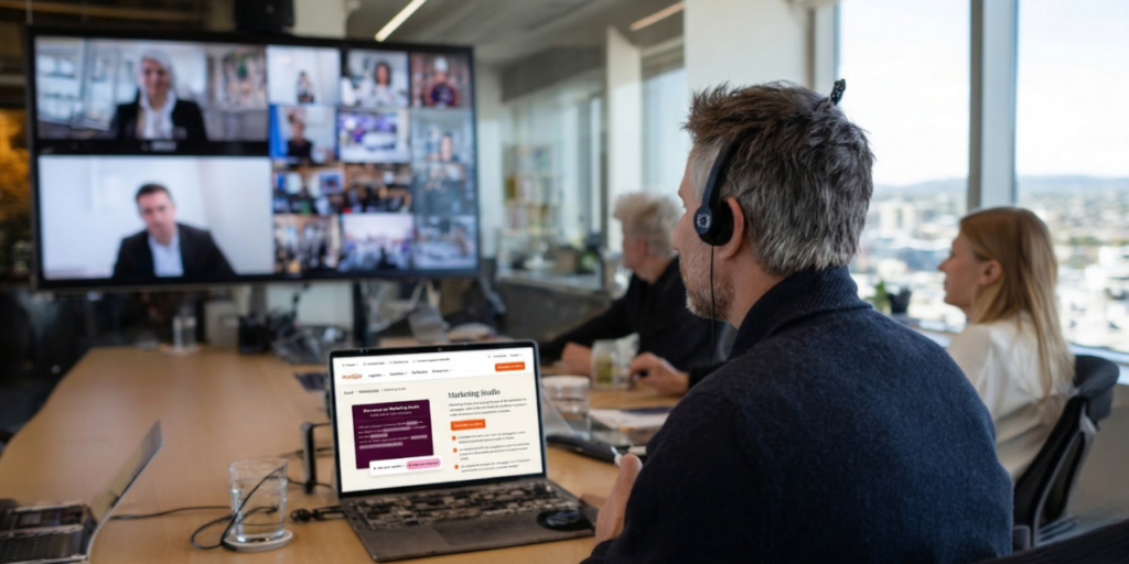 Scène de collaboration hybride : un membre en visio pendant que les autres interagissent avec un dashboard marketing, illustrant le travail à distance efficace.