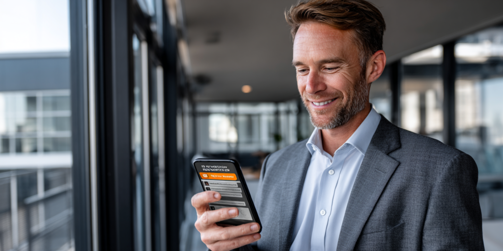 Commercial recevant une alerte HubSpot sur smartphone pour un lead prioritaire, bureau moderne en arrière-plan, mise au point sur l’écran du téléphone, tenue professionnelle, lumière naturelle.