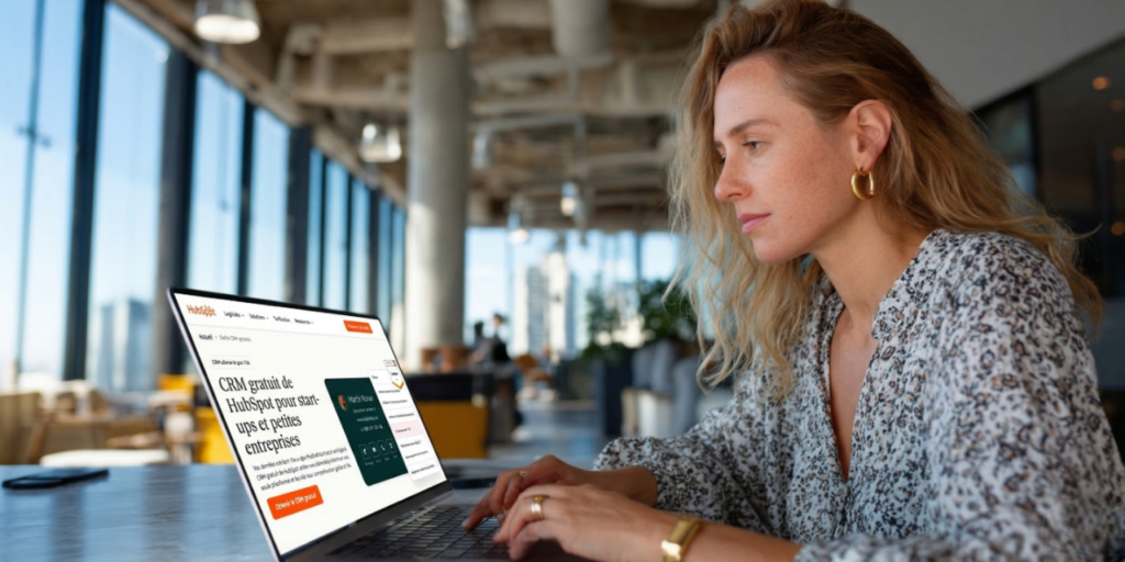 Entrepreneur utilisant le CRM HubSpot sur son ordinateur portable dans un open space lumineux, grandes fenêtres laissant entrer la lumière naturelle, tenue décontractée professionnelle, écran du CRM visible.