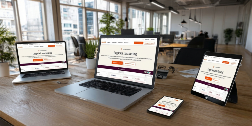 Environnement de travail épuré avec plusieurs appareils affichant la même campagne synchronisée, illustrant la cohérence et la collaboration multicanal.