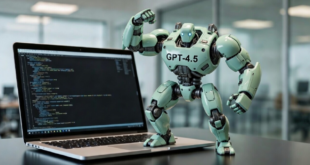 robot IA superpuissant à côté d'un ordinateur qui affiche du coding