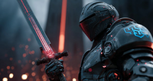 Un élégant chevalier français vêtu d'une armure futuriste, debout dans une forge numérique, brandissant une épée IA