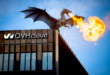 Dragon soufflant du feu sur le toit OVHcloud pour illustrer le rcaht de Dragon LLM