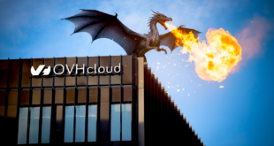 Dragon soufflant du feu sur le toit OVHcloud pour illustrer le rcaht de Dragon LLM