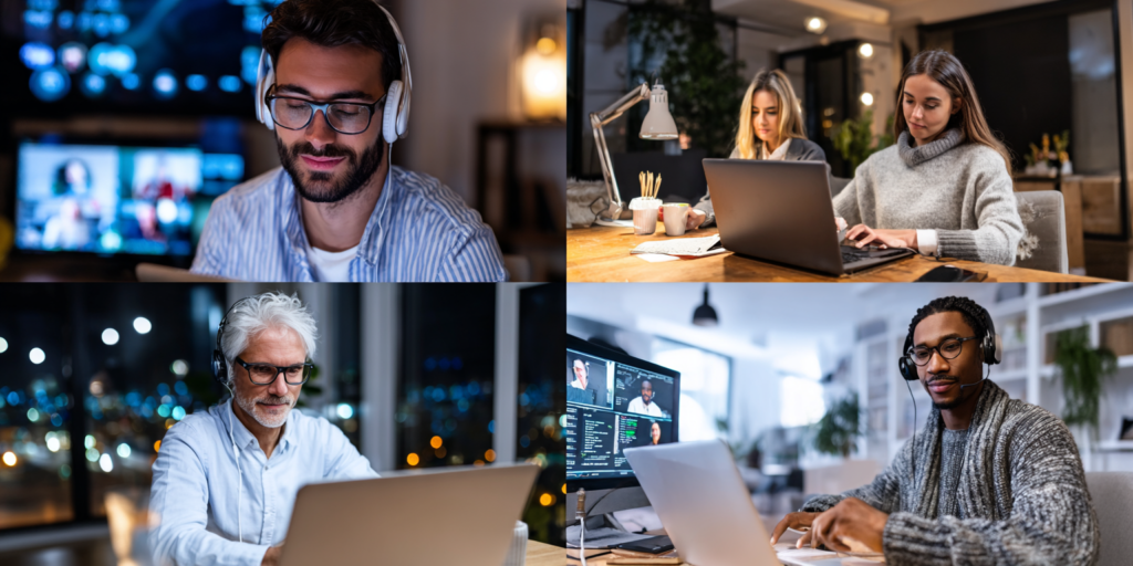 Équipe de PME travaillant à distance, chacun utilisant HubSpot CRM sur ordinateur portable, tablette et smartphone, bureaux modernes et réalistes à domicile, interface de visioconférence visible, ambiance professionnelle et chaleureuse.