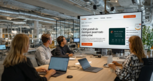Petite équipe dans un bureau moderne analysant des pipelines de vente et des tableaux de bord HubSpot CRM sur un grand écran central, environnement lumineux et professionnel.