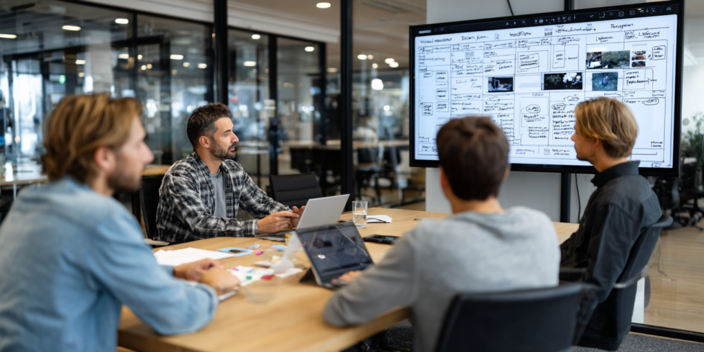 Salle de réunion avec écran tactile où les membres déplacent des blocs de campagne, illustrant la planification visuelle et interactive des assets marketing.