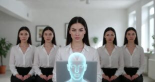 Une femme utilisant l'IA et ses clones derrière elle