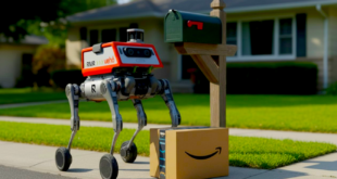 un robot quadripède de Rivr devant une boîte aux lettres avec colis avec logo d'Amazon