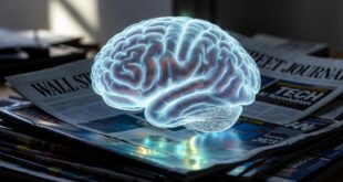 cerveau IA posé sur des revues et journaux