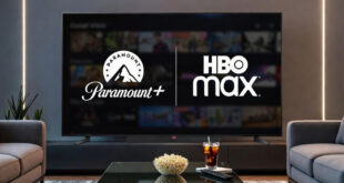 Salon moderne avec une télé affichant paramount + et hbo max, télécomande, pop corn et soda sur une table basse